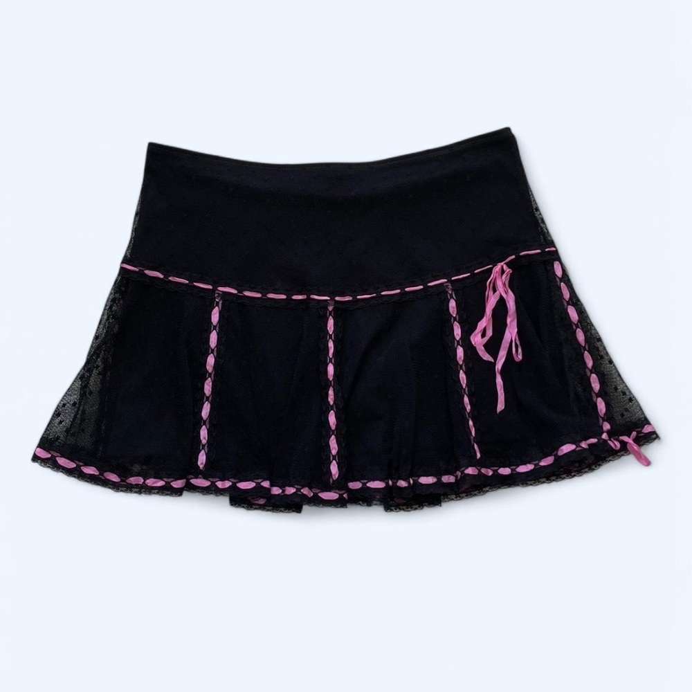 Vintage Betsey Johnson Black Mini Skirt with Pink Ribbon Details